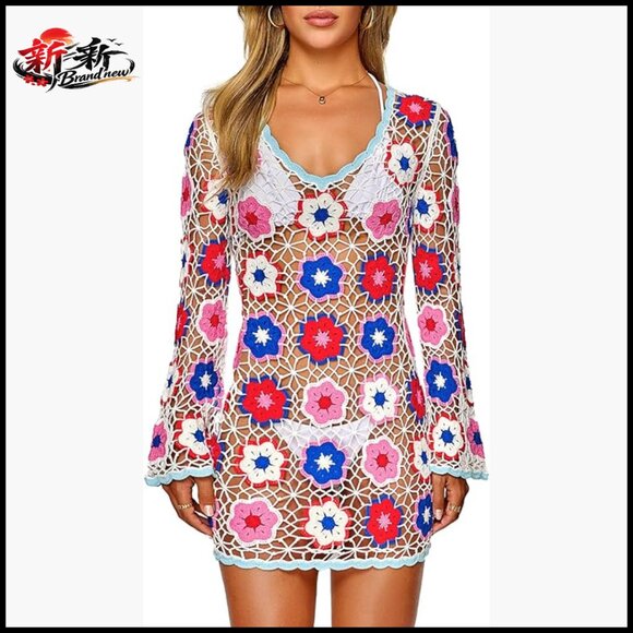 Crochet Beach Cover Up Dress with 3D Camellia Embroidery Boho Bell Sleeve